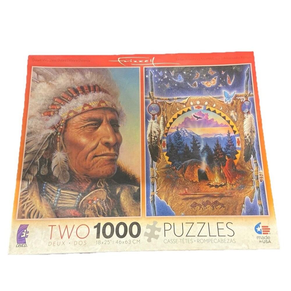 Two 1000 Piece Jigsaw Puzzles Native American Art 15x15 Made USA ceaco